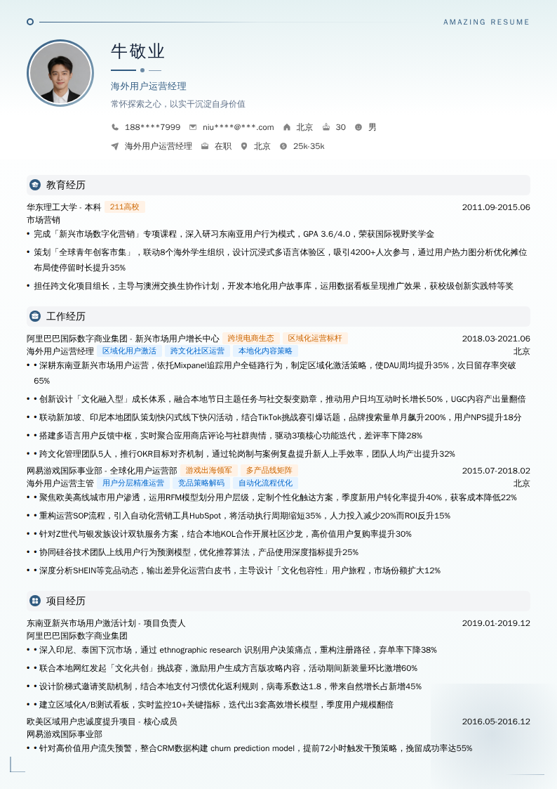 海外用户运营经理简历模板