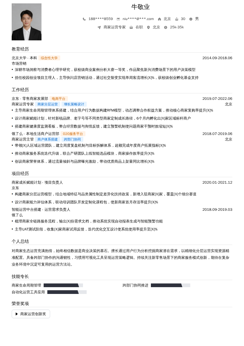 商家运营专家简历模板