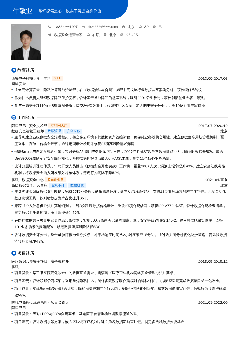 数据安全运营专家简历模板