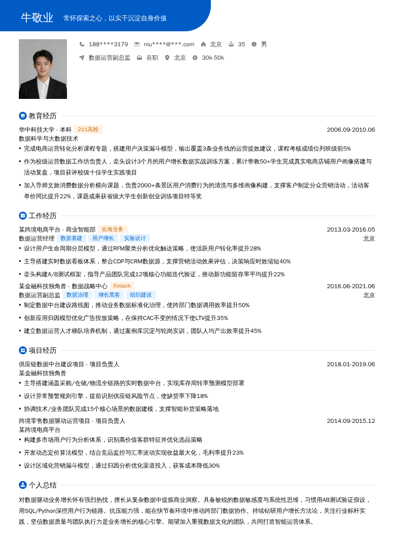 数据运营副总监简历模板