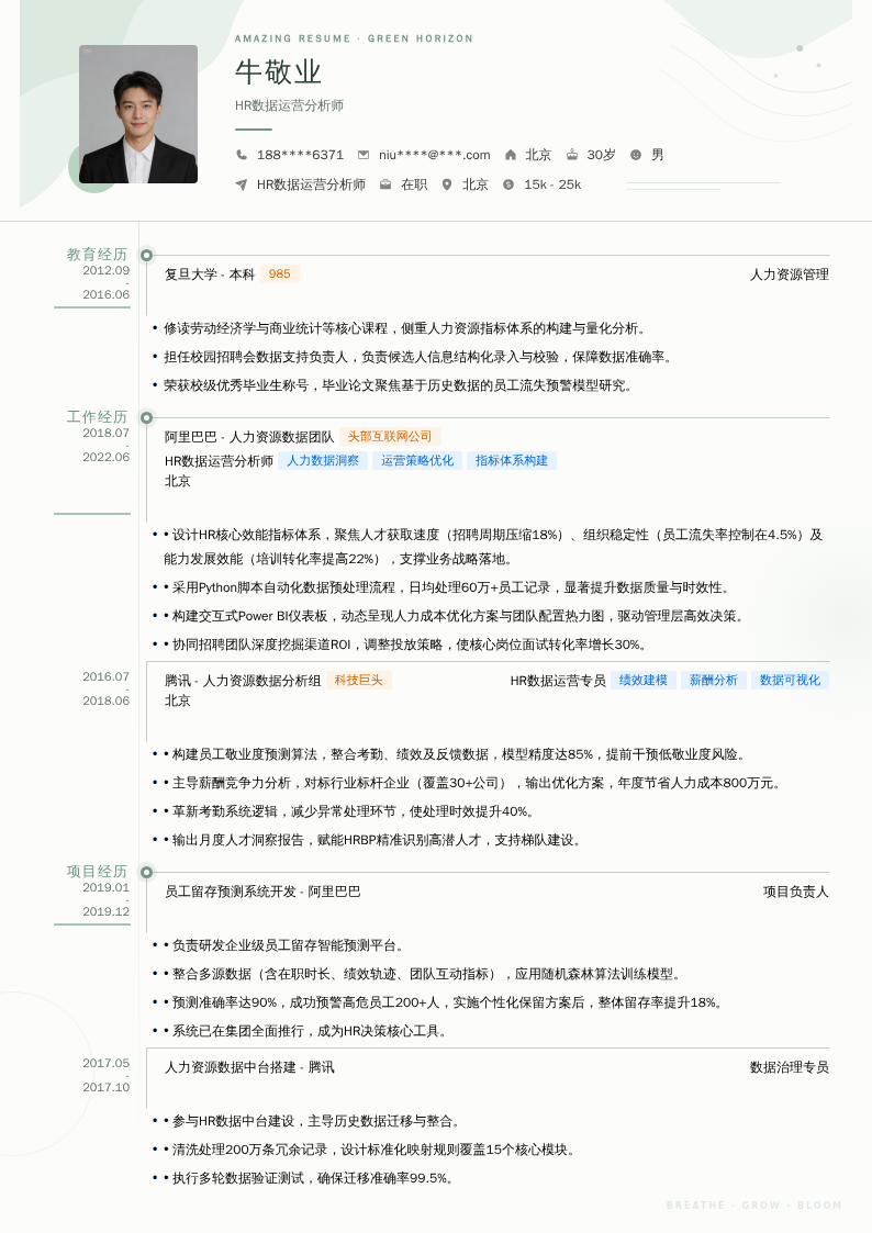 HR数据运营分析师简历模板