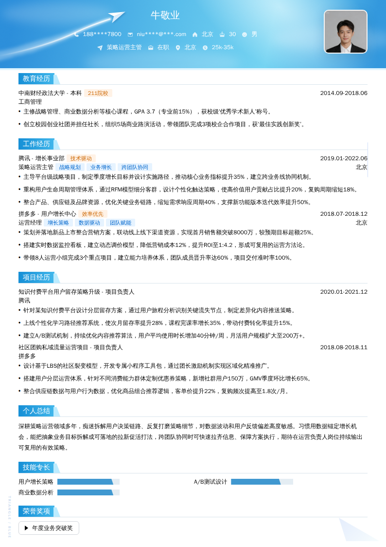 策略运营主管简历模板
