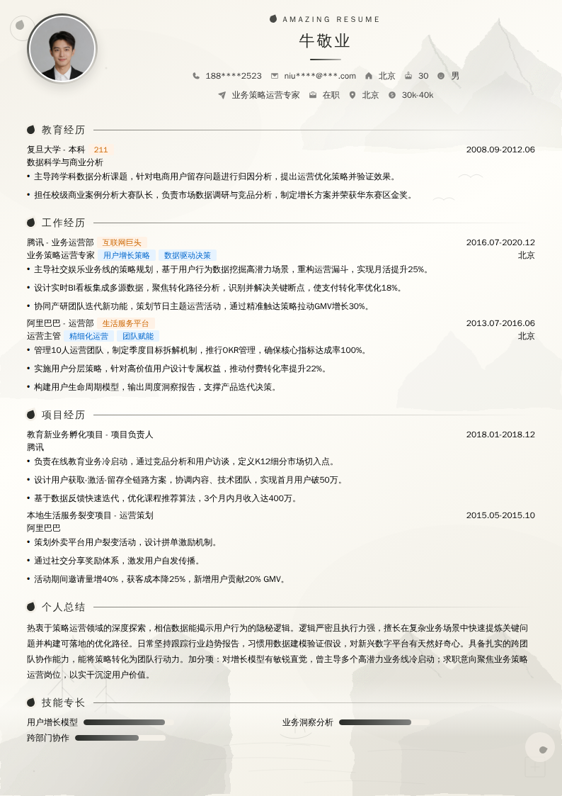 业务策略运营专家简历模板