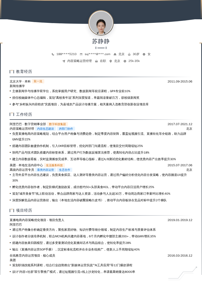 内容策略运营经理简历模板