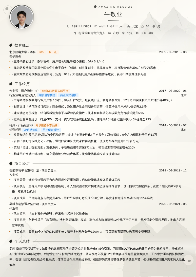 行业策略运营负责人简历模板