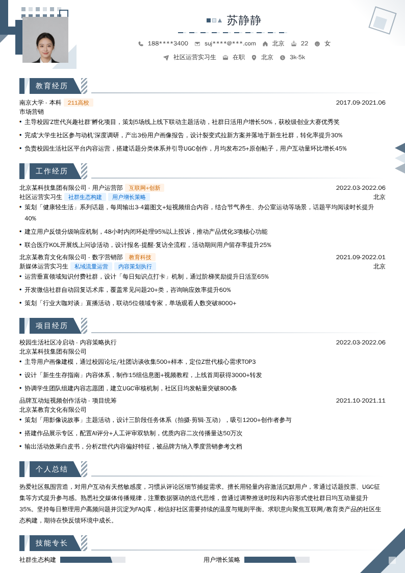 社区运营实习生简历模板