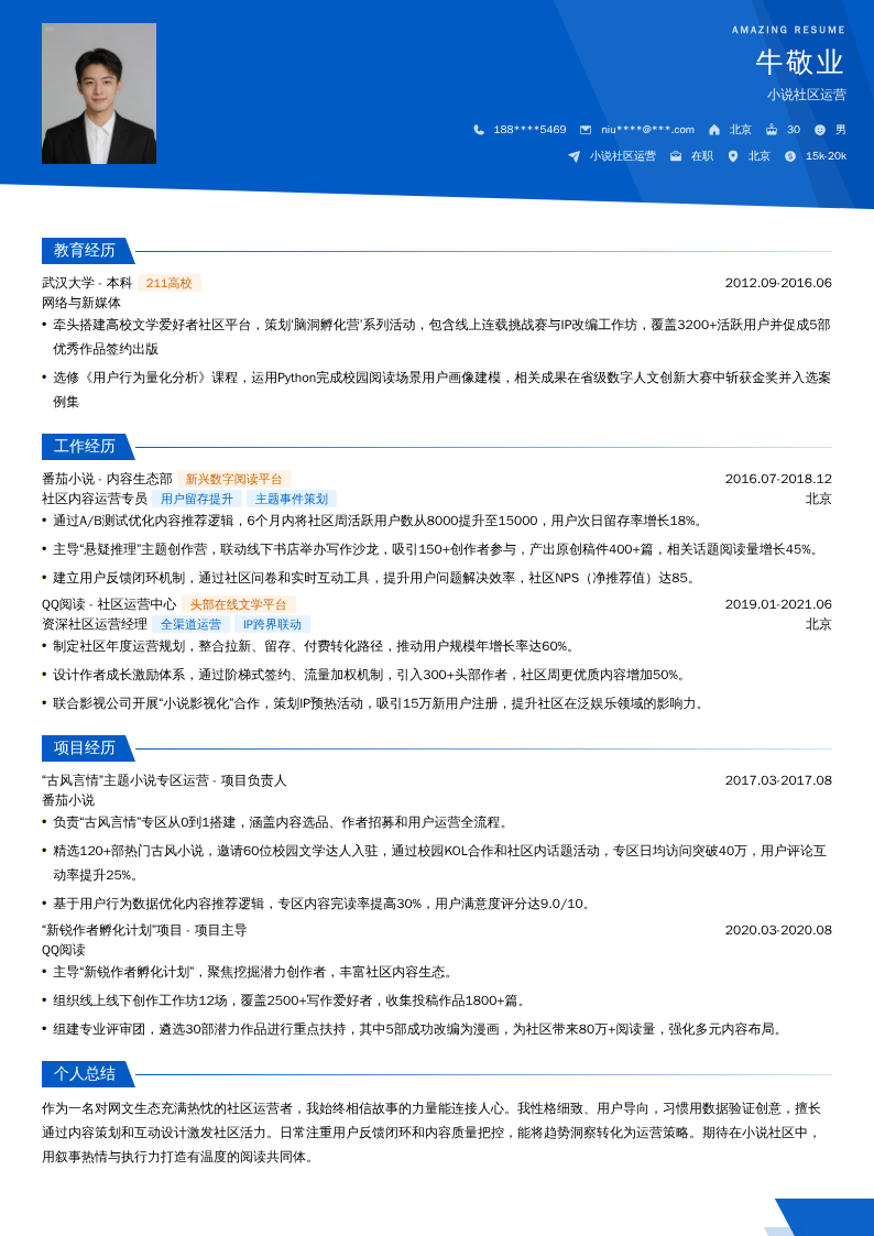小说社区运营简历模板