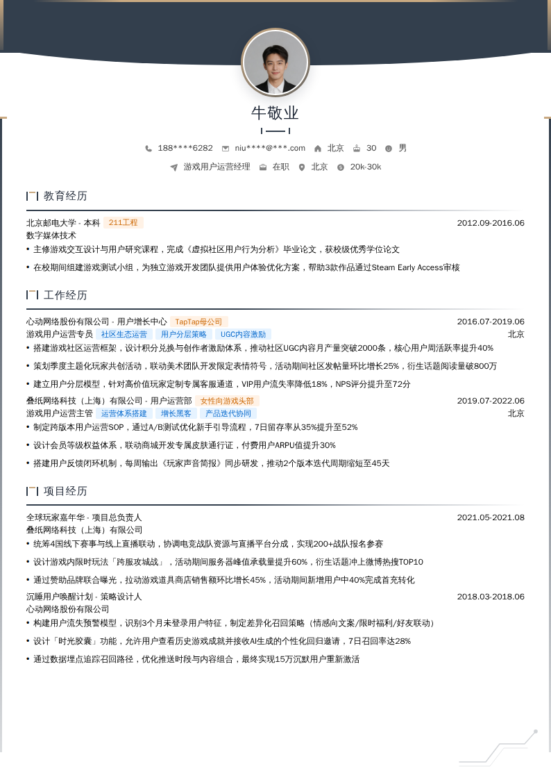 游戏用户运营经理简历模板