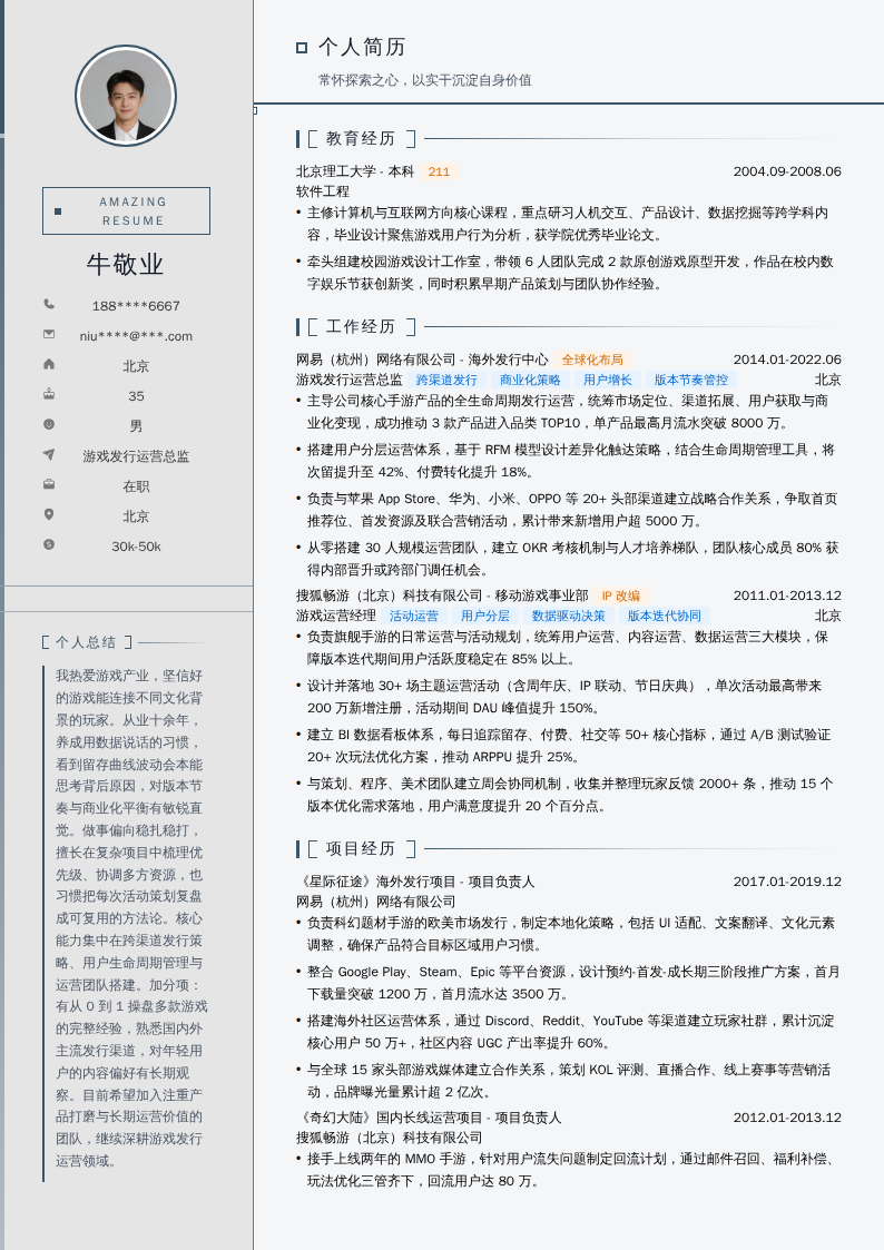 游戏发行运营总监简历模板