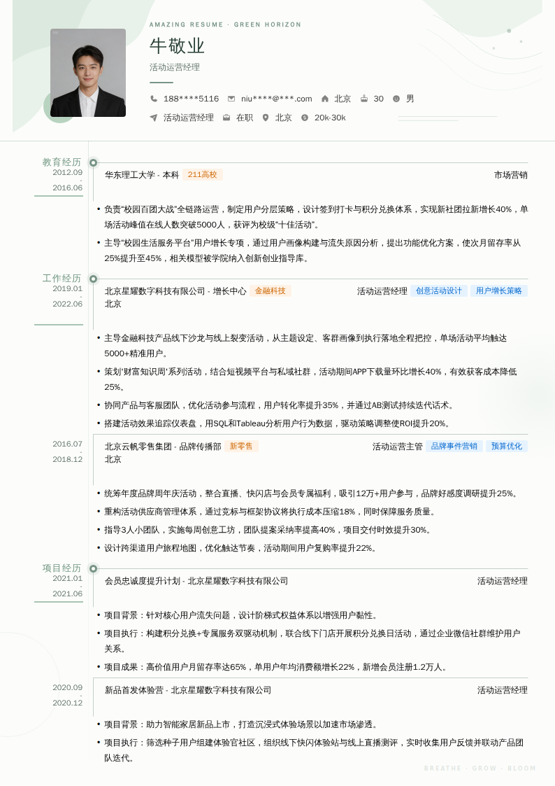 活动运营经理简历模板