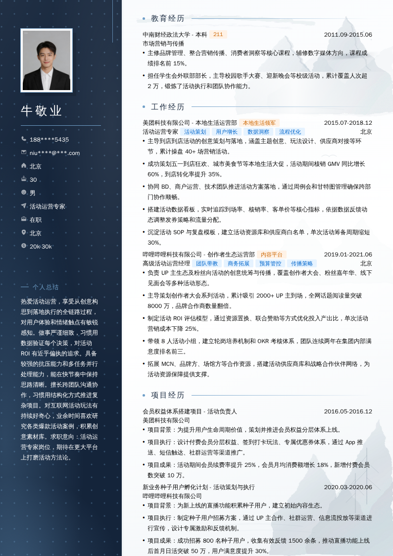 活动运营专家简历模板
