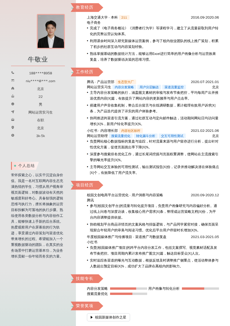网站运营实习生简历模板