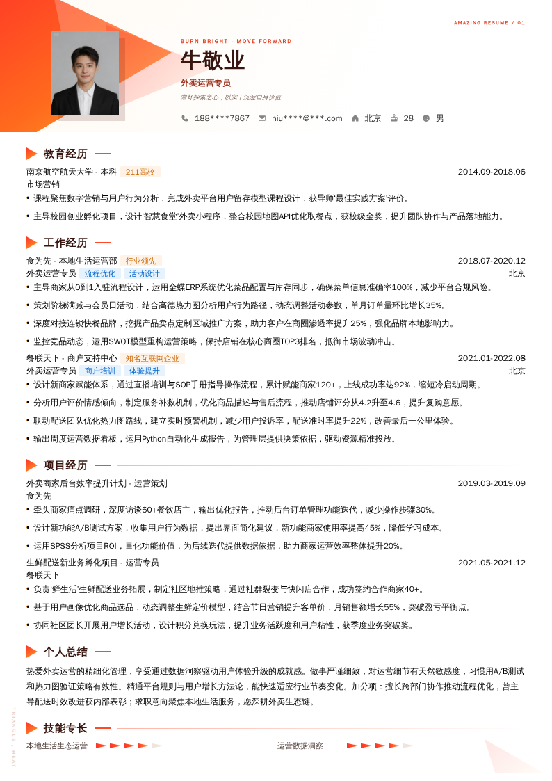 外卖运营专员简历模板