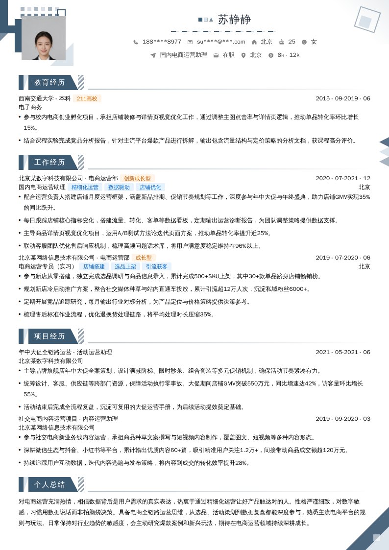 国内电商运营助理简历模板