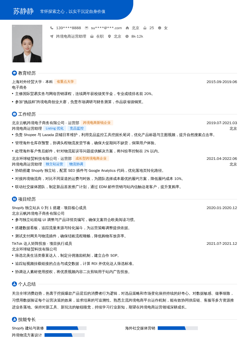 跨境电商运营助理简历模板