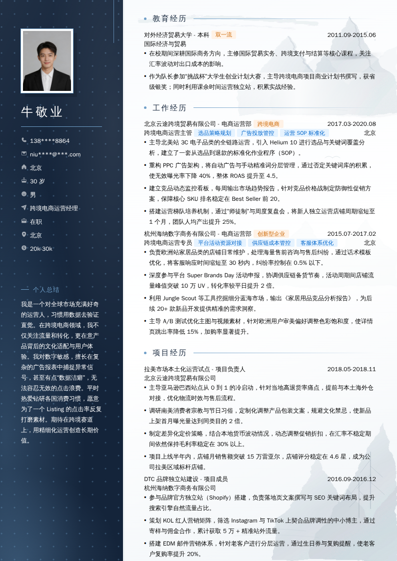 跨境电商运营经理简历模板