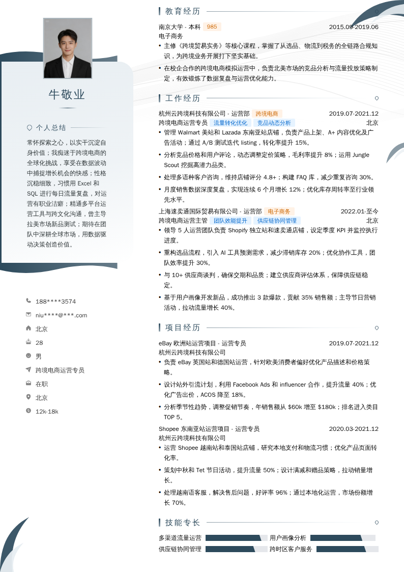 跨境电商运营专员简历模板