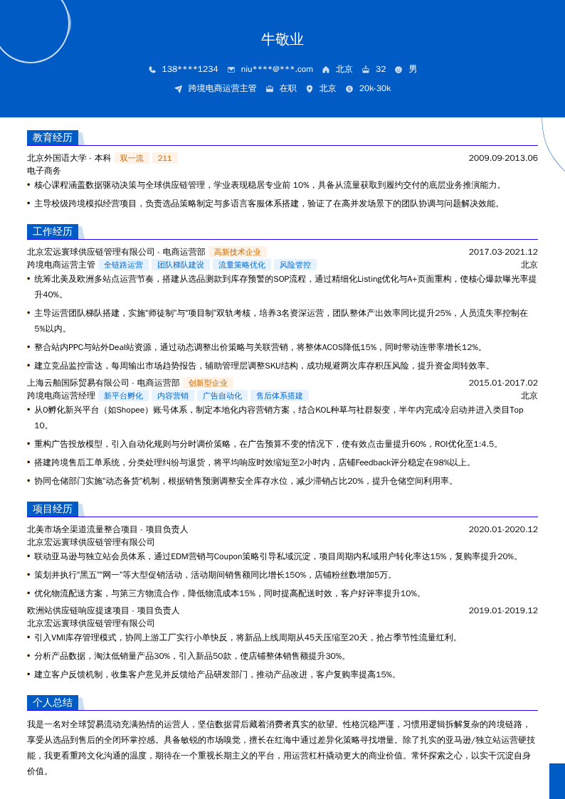跨境电商运营主管简历模板
