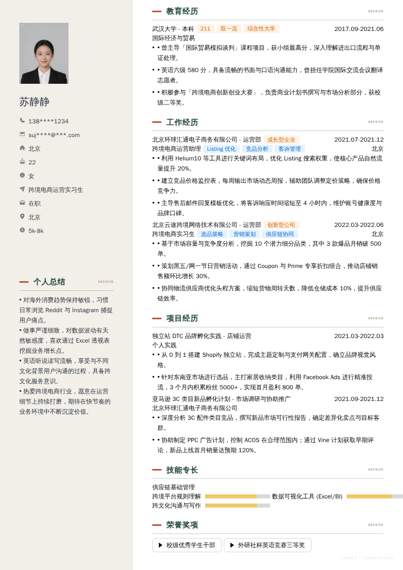 跨境电商运营实习生简历模板