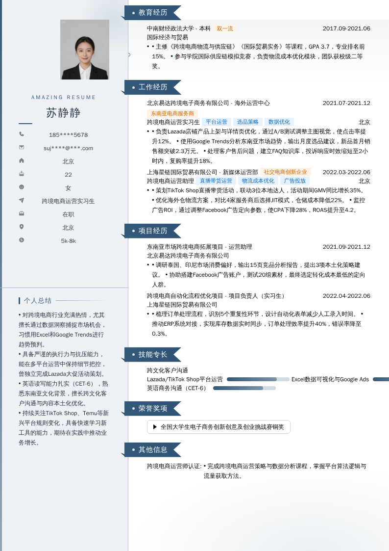 跨境电商运营实习生简历模板