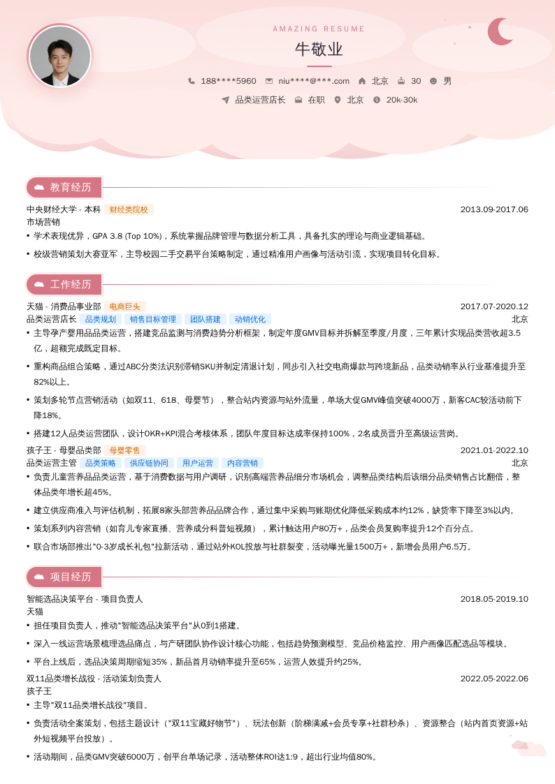 品类运营店长简历模板