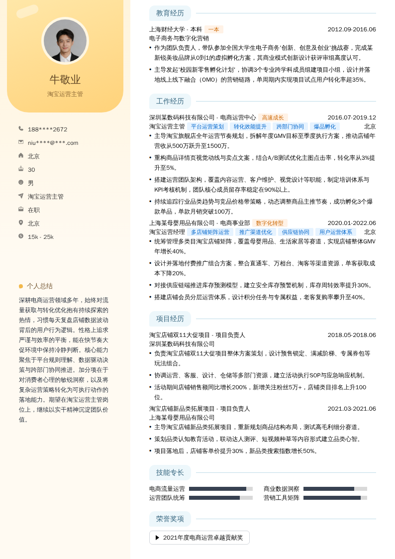 淘宝运营主管简历模板