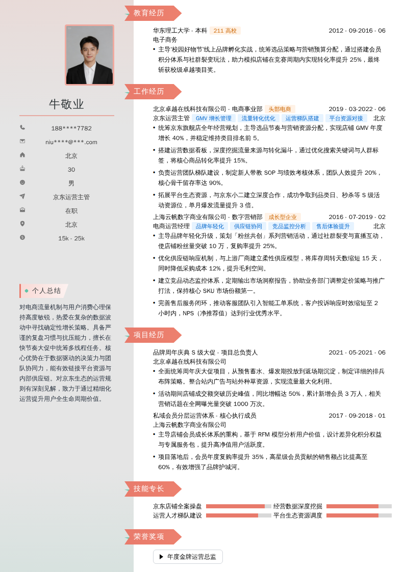 京东运营主管简历模板