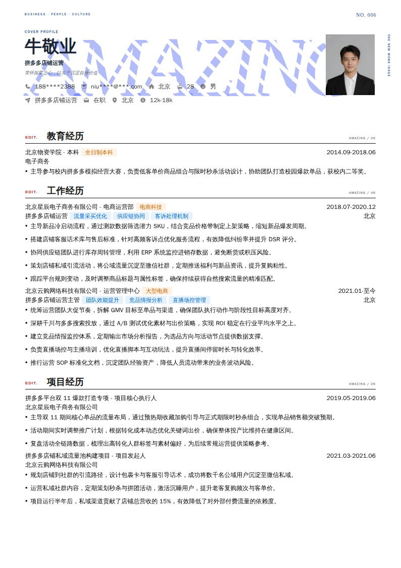 拼多多店铺运营简历模板