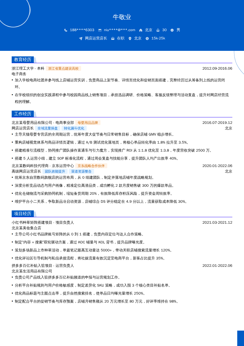 网店运营店长简历模板