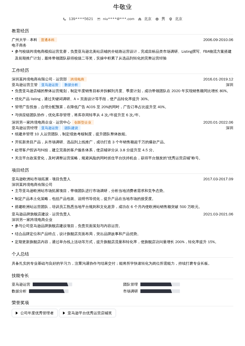 亚马逊运营总监简历模板