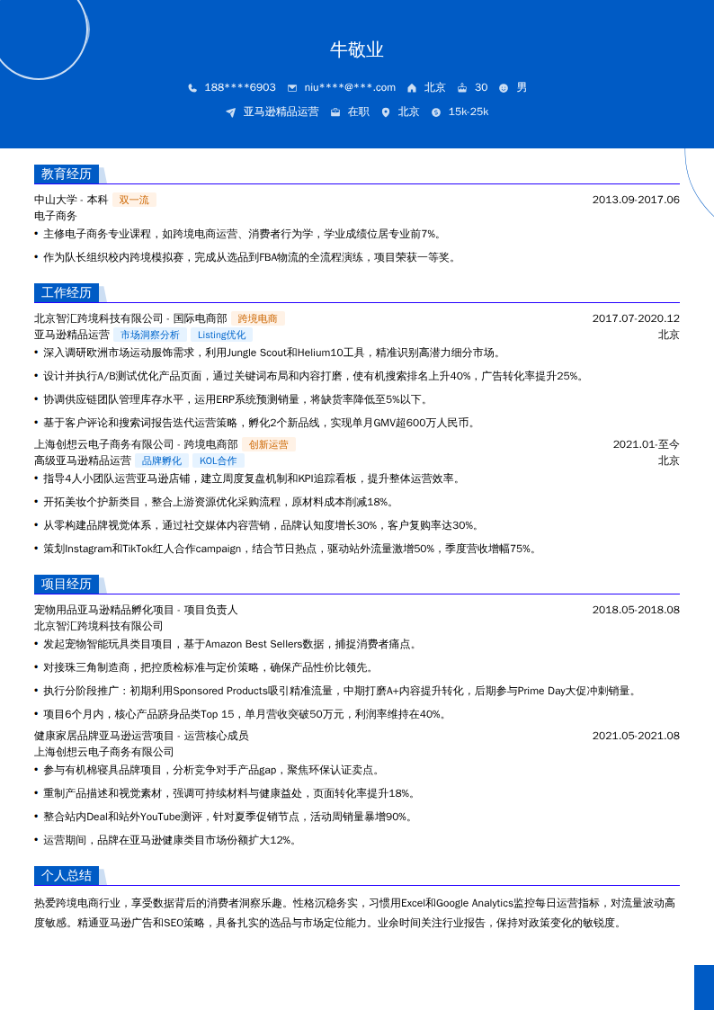亚马逊精品运营简历模板