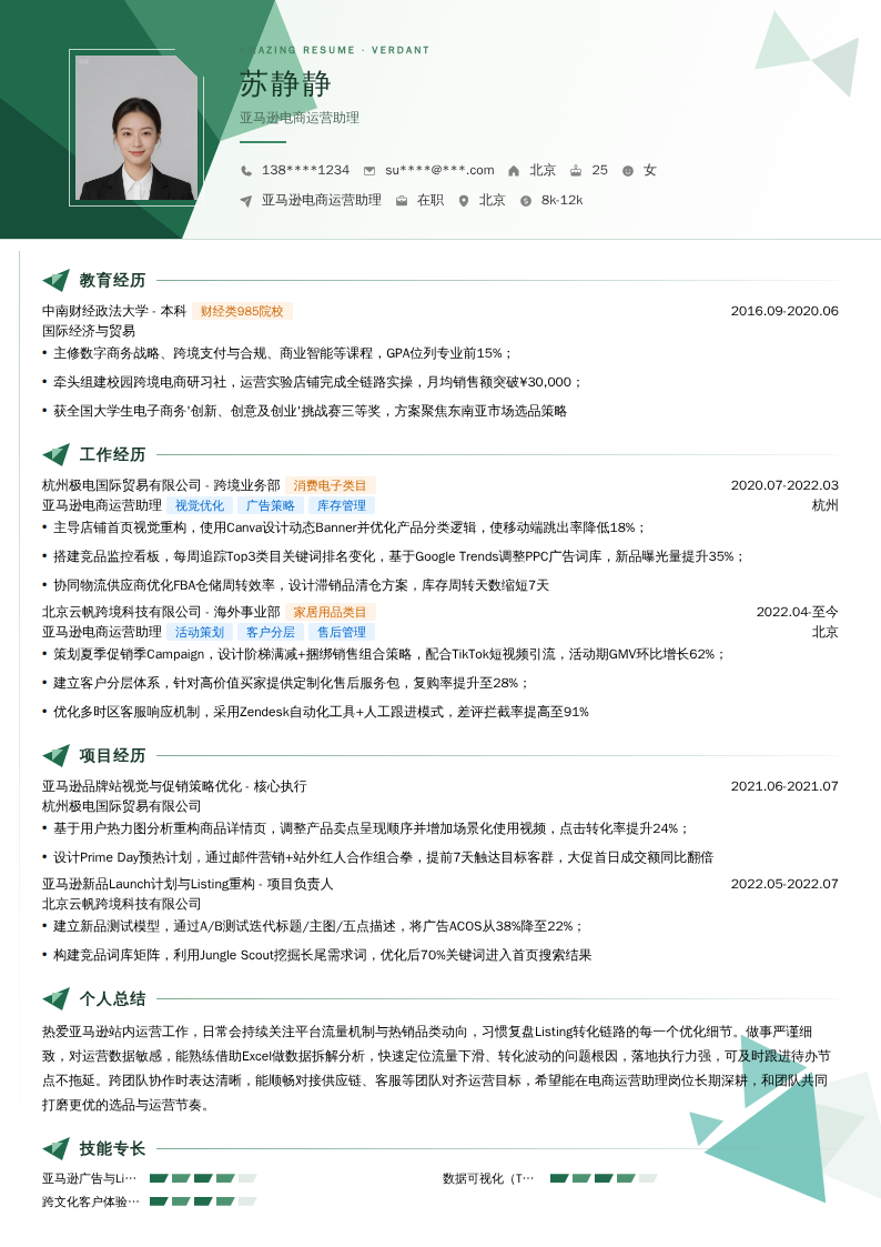 亚马逊电商运营助理简历模板