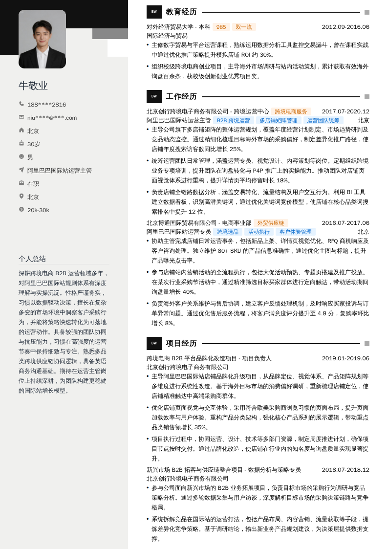 阿里巴巴国际站运营主管简历模板