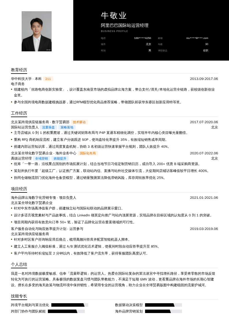 阿里巴巴国际站运营经理简历模板