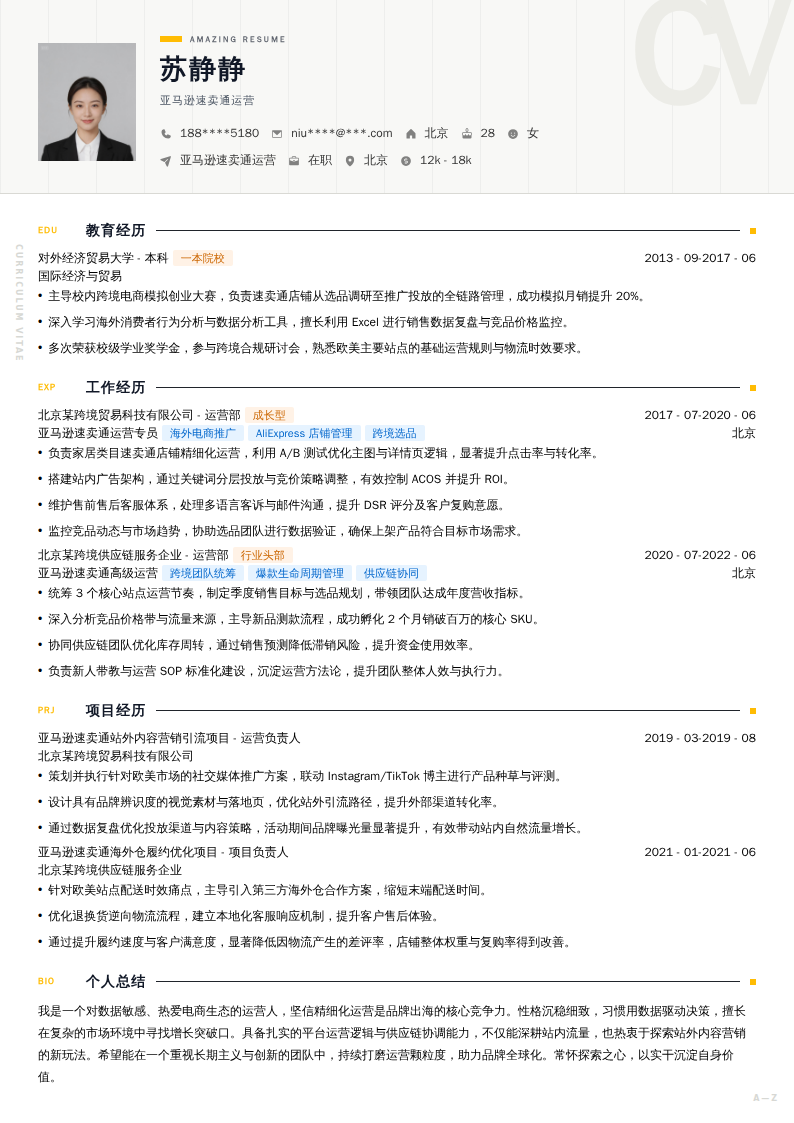 亚马逊速卖通运营简历模板