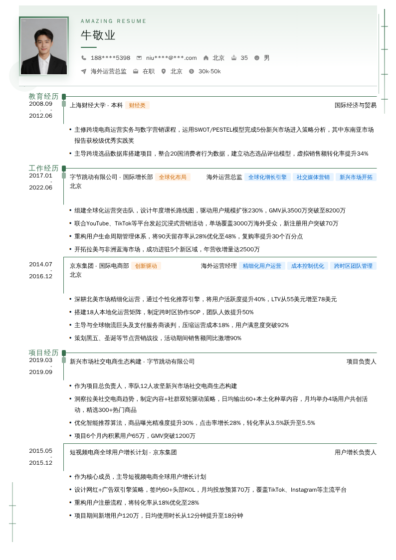 海外运营总监简历模板