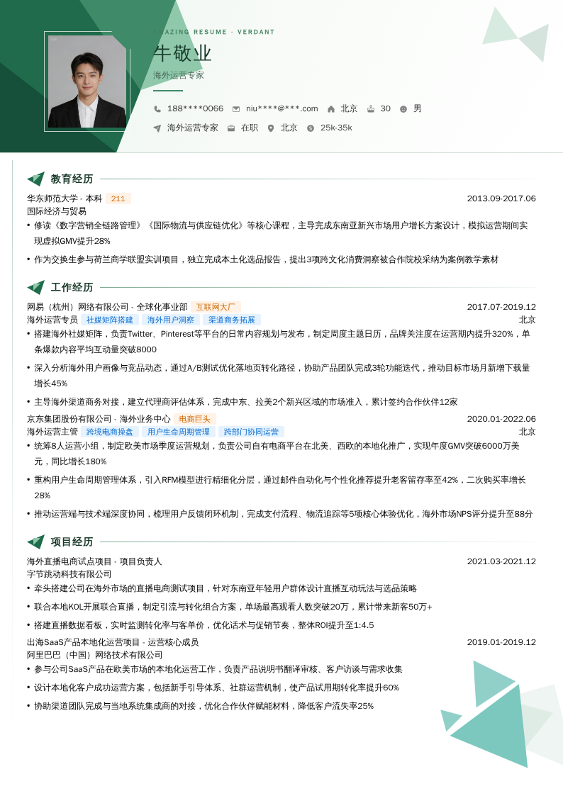 海外运营专家简历模板