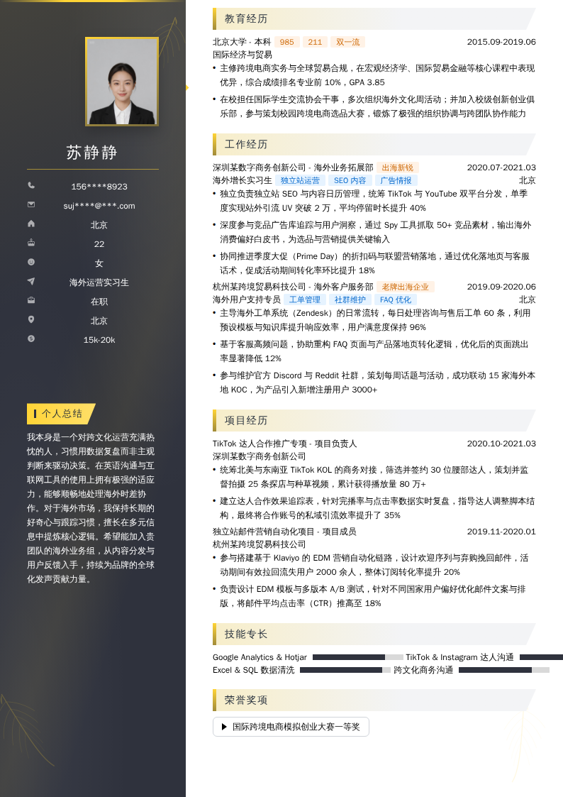 海外运营实习生简历模板