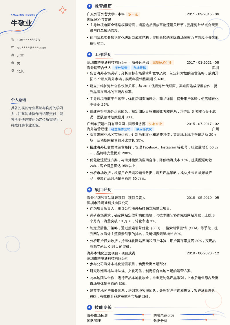 海外运营合伙人简历模板