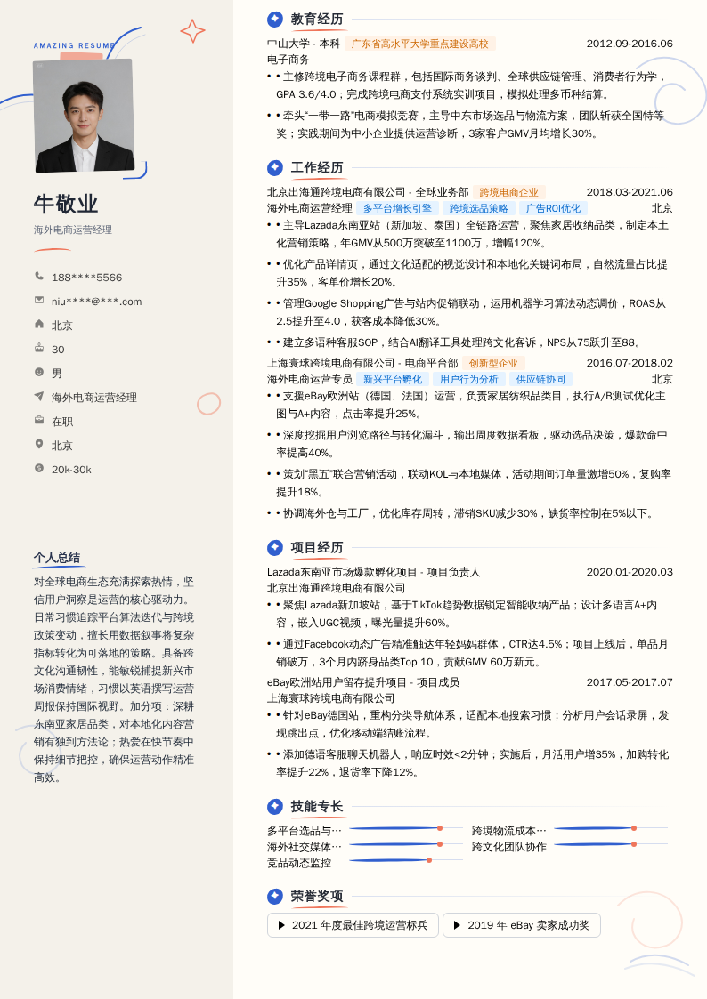 海外电商运营经理简历模板