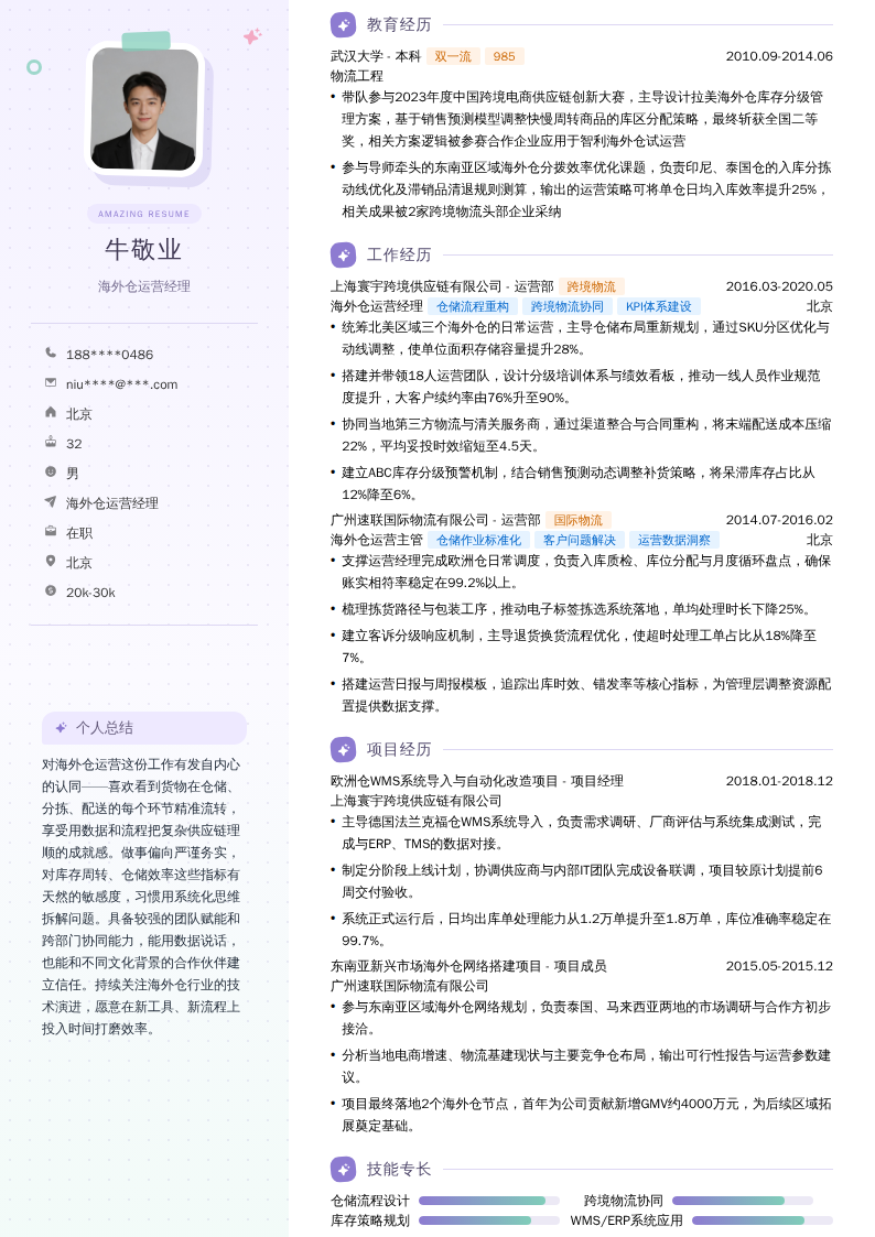 海外仓运营经理简历模板