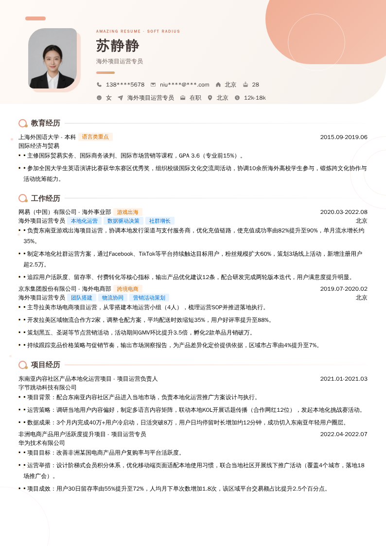 海外项目运营专员简历模板