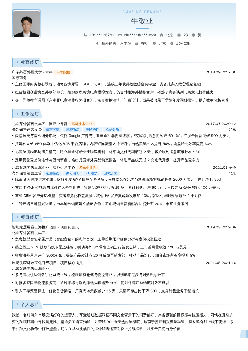 海外销售运营专员简历模板