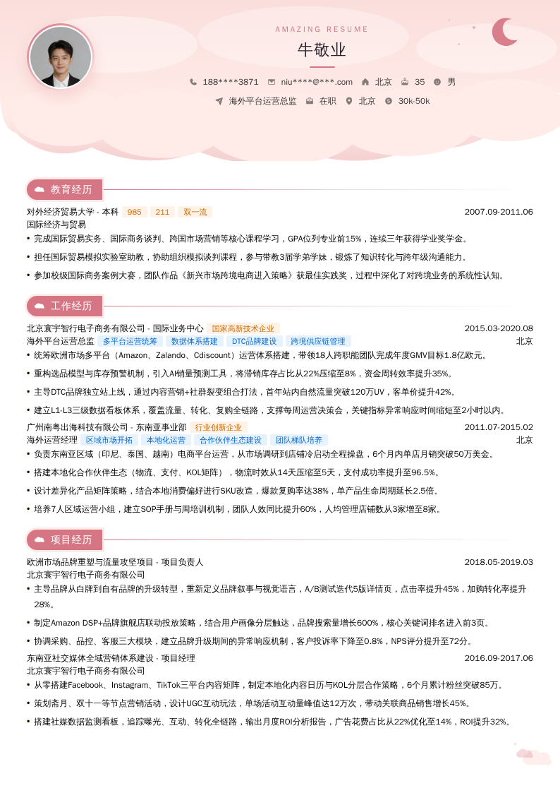 海外平台运营总监简历模板