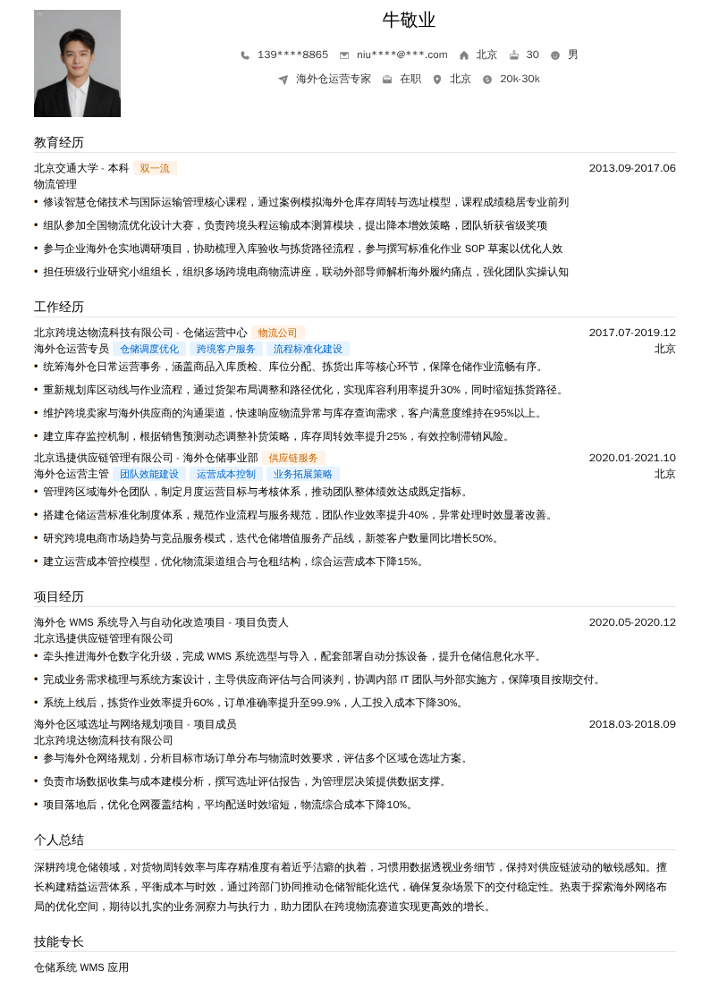 海外仓运营专家简历模板