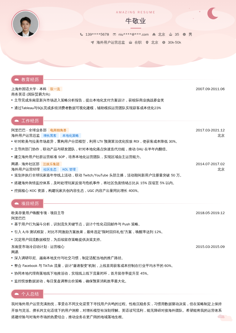 海外用户运营总监简历模板