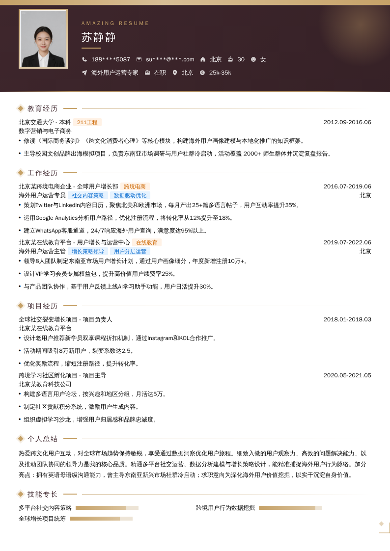 海外用户运营专家简历模板