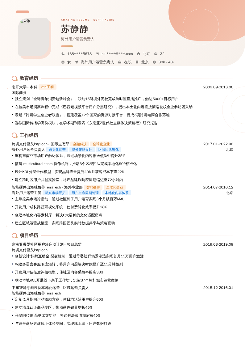 海外用户运营负责人简历模板