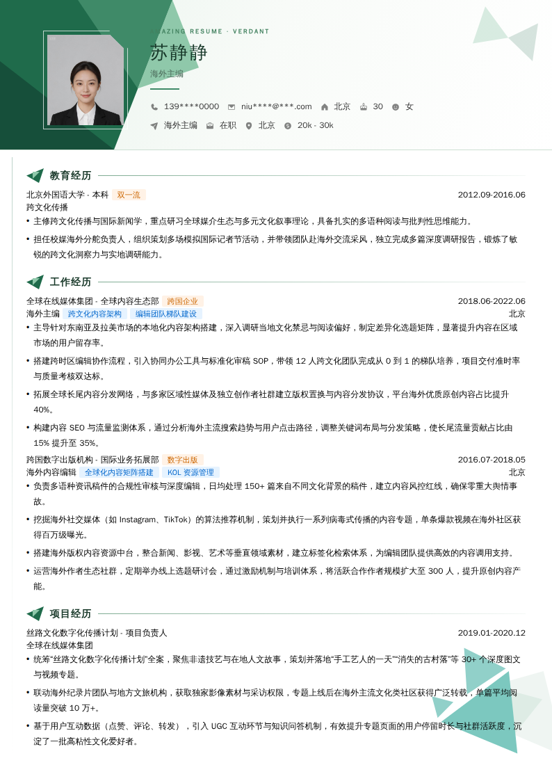 海外主编简历模板
