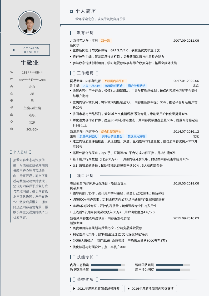 主编/副主编简历模板